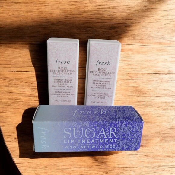 Fresh - Sugar Lip Treatment, AURORA RED + 2 Samples Rose Face Cream, NIB - Picture 1 of 5